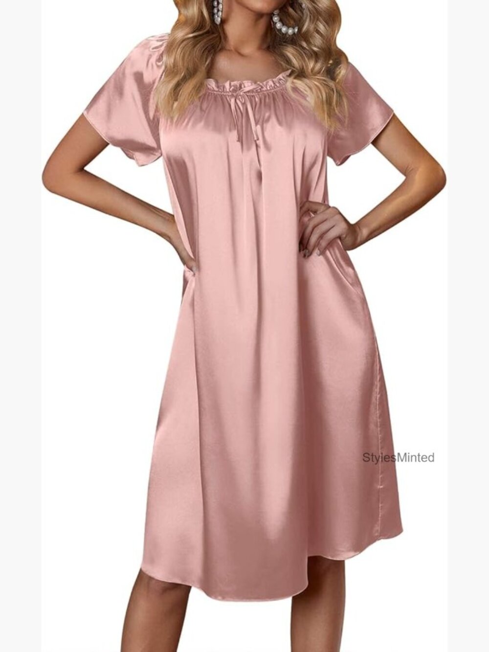 Satin Silk Pleated Nightgown Loose Fitting Sleep Dress Short Sleeve